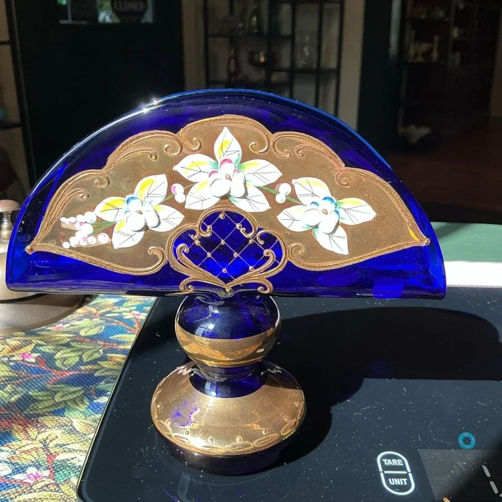 Czech Bohemian 24K Gold Enamel Cobalt Blue‎ Art Glass Napkin Holder Pedestal